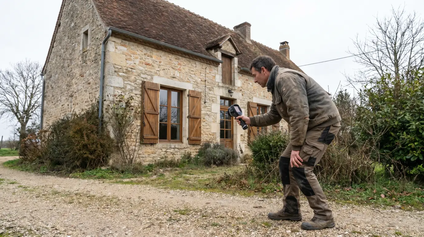 Auditeur examinant la façade d'une maison ancienne en pierre