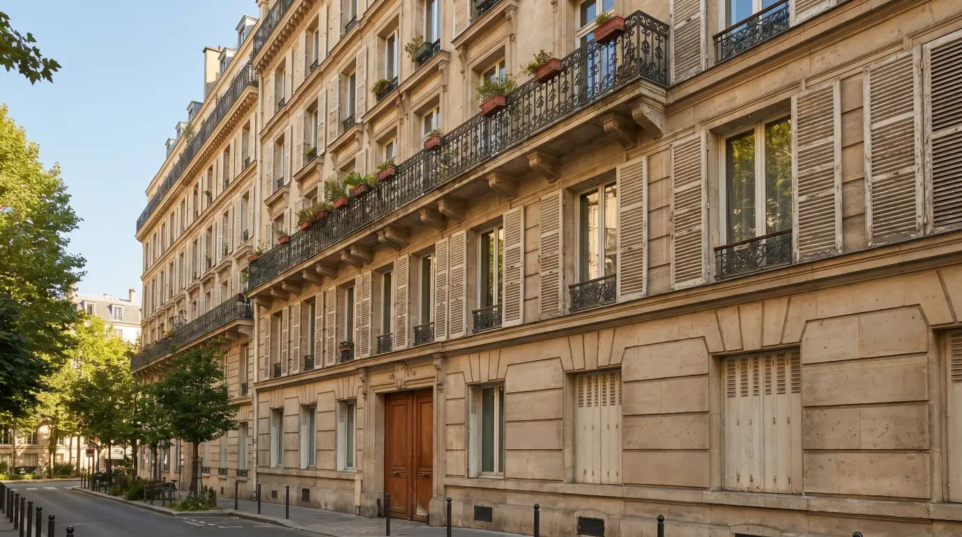 Façade d'un immeuble résidentiel français avec balcons et volets