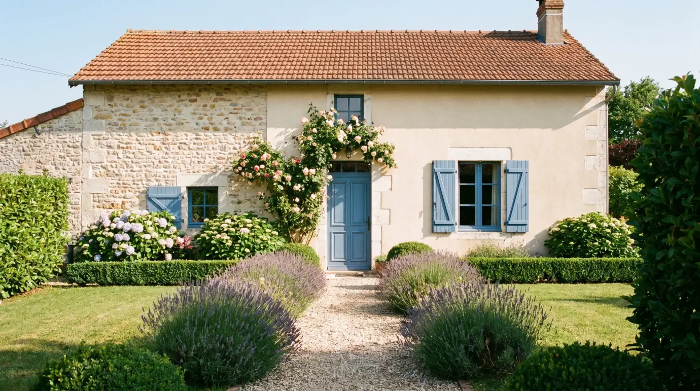 Façade d'une maison française avec jardin, prête pour la vente