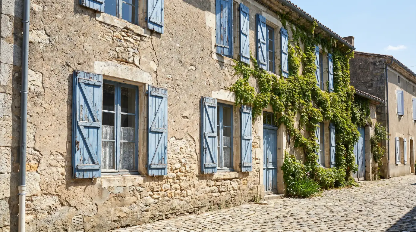 Façade d'une maison ancienne en pierre aux volets usés