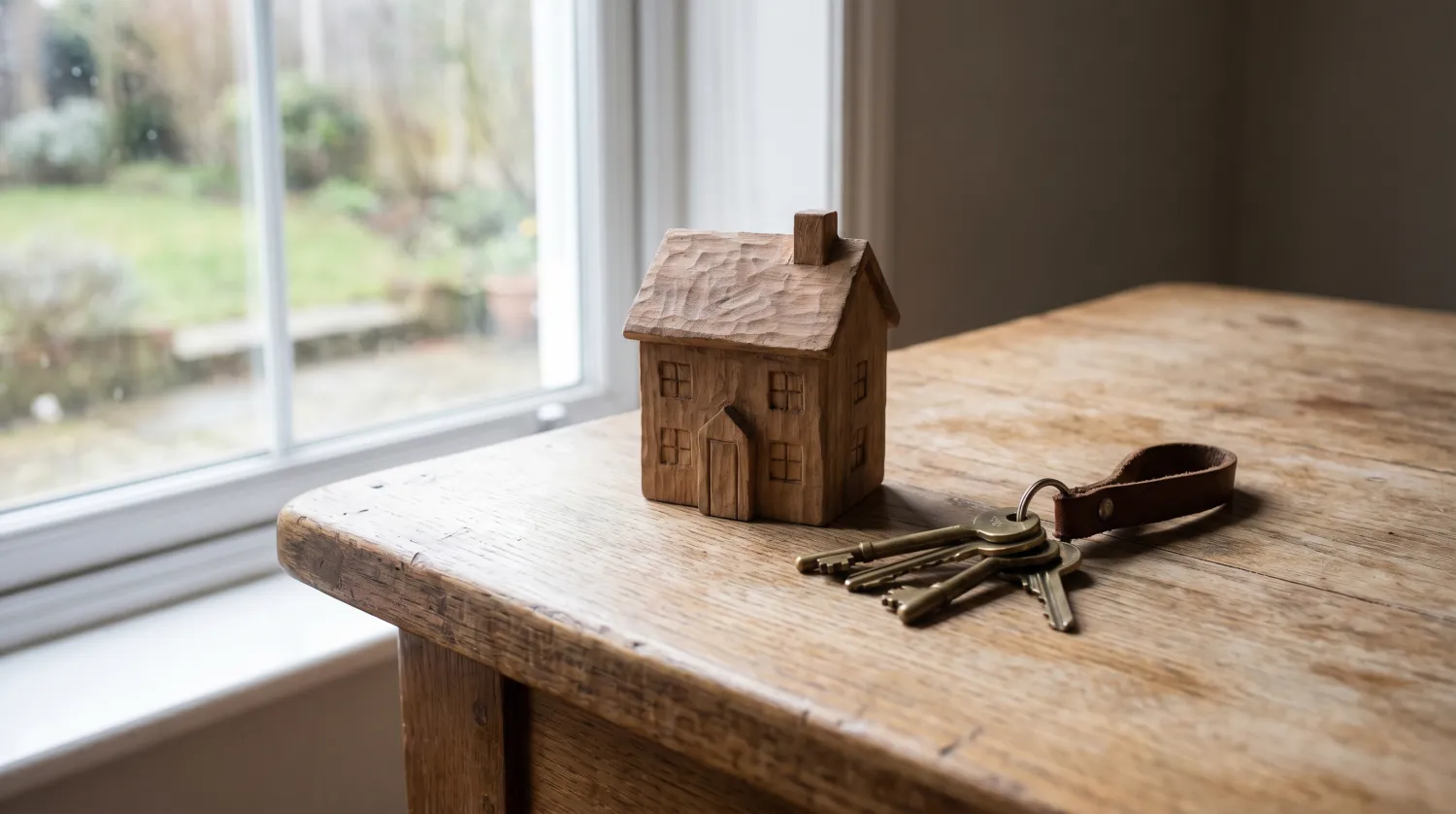 Maison en bois miniature et trousseau de clés sur une table près d'une fenêtre
