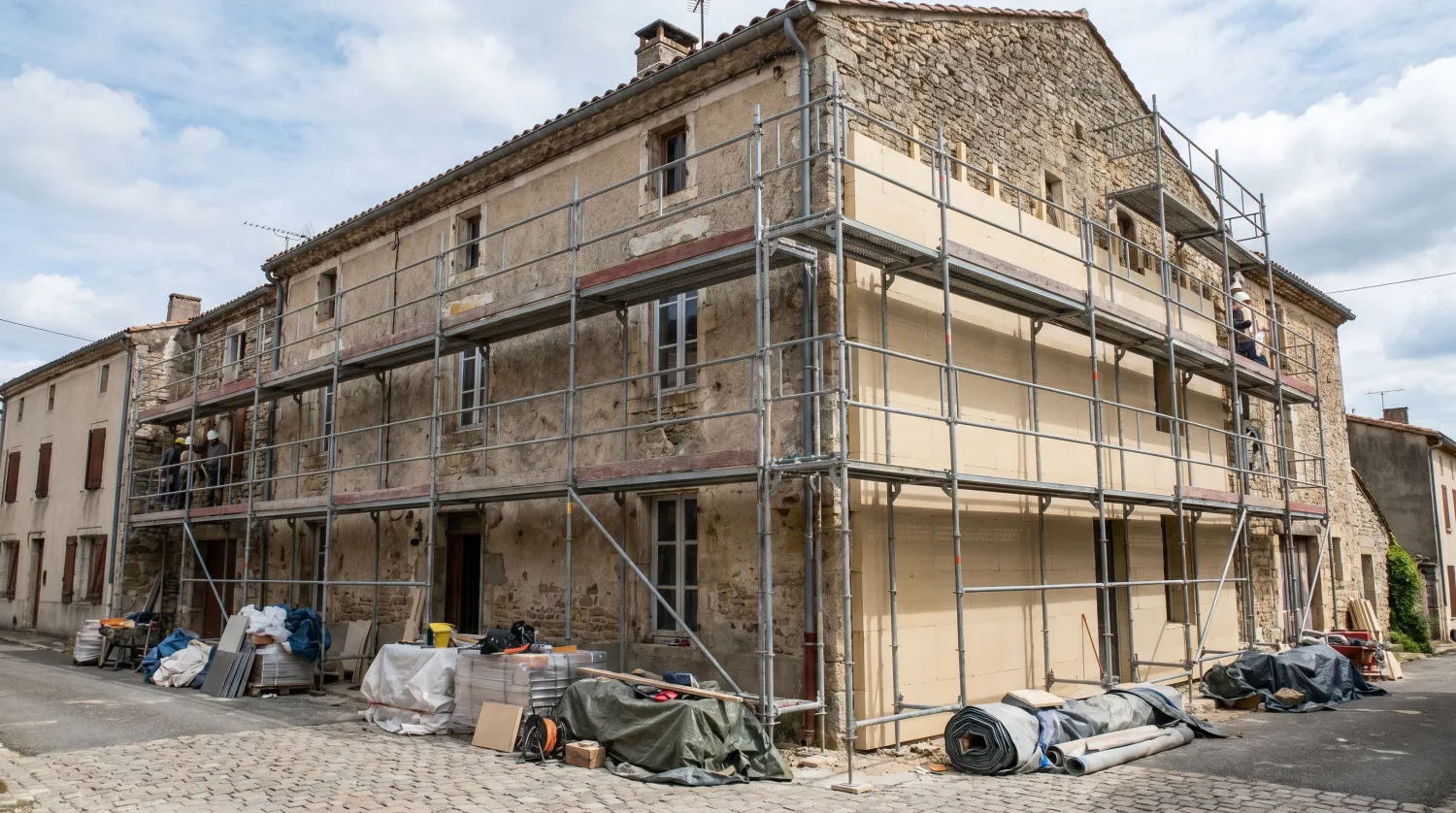 Maison française en cours de rénovation avec échafaudage et isolation