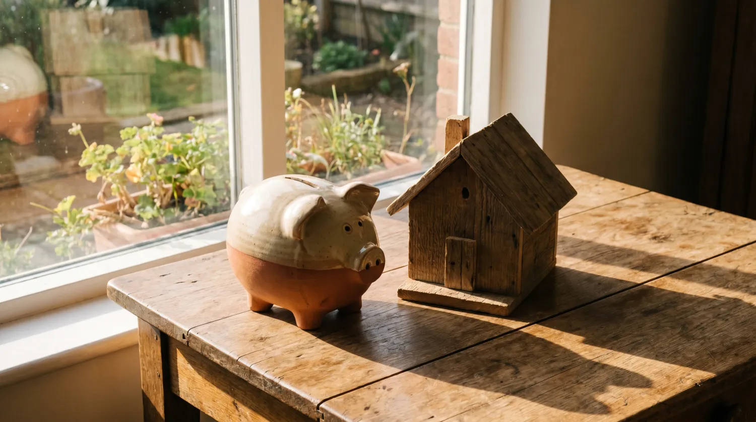 Tirelire en céramique et maison en bois miniature sur une table