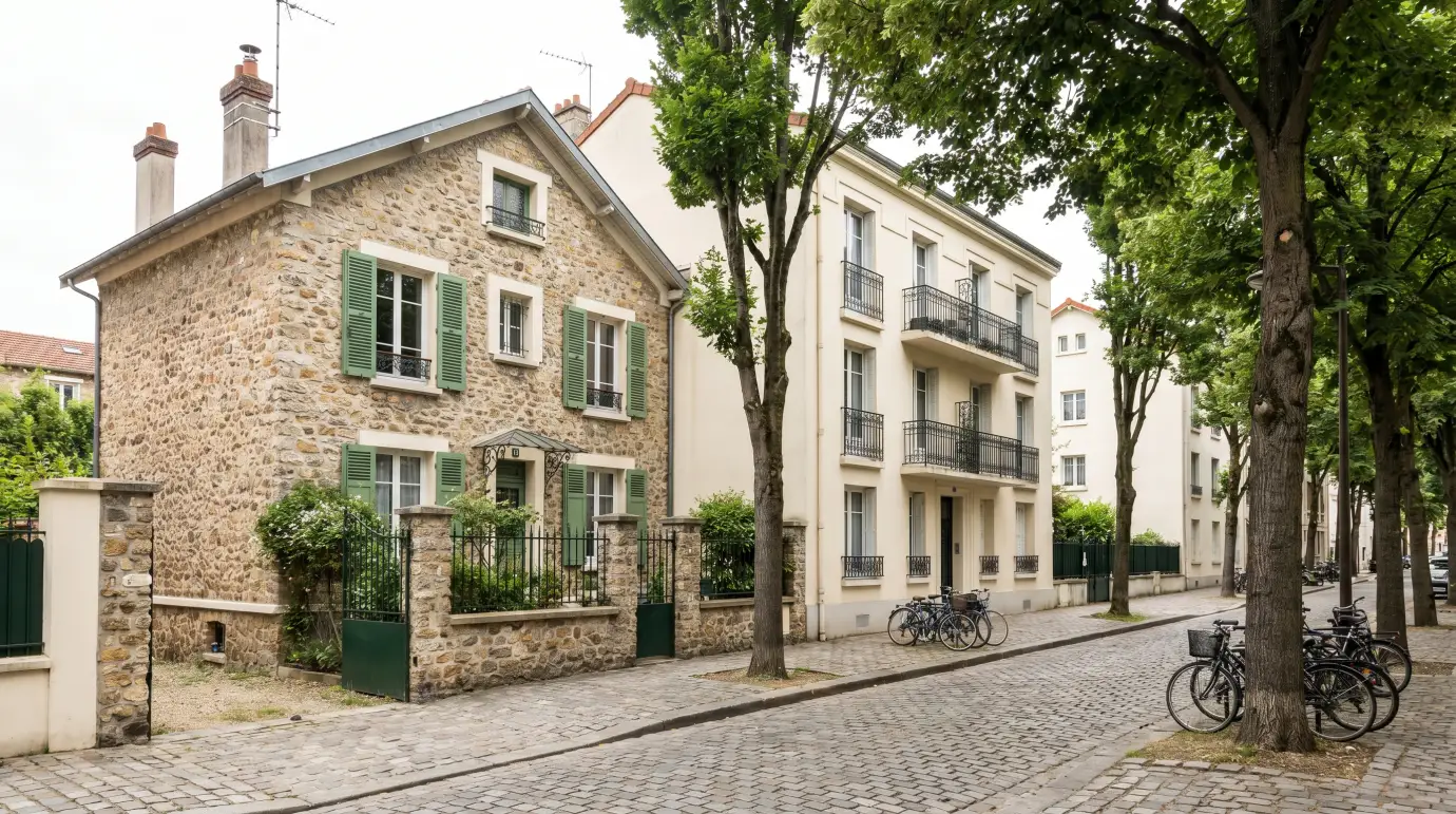 Rue résidentielle française avec une maison et un petit immeuble
