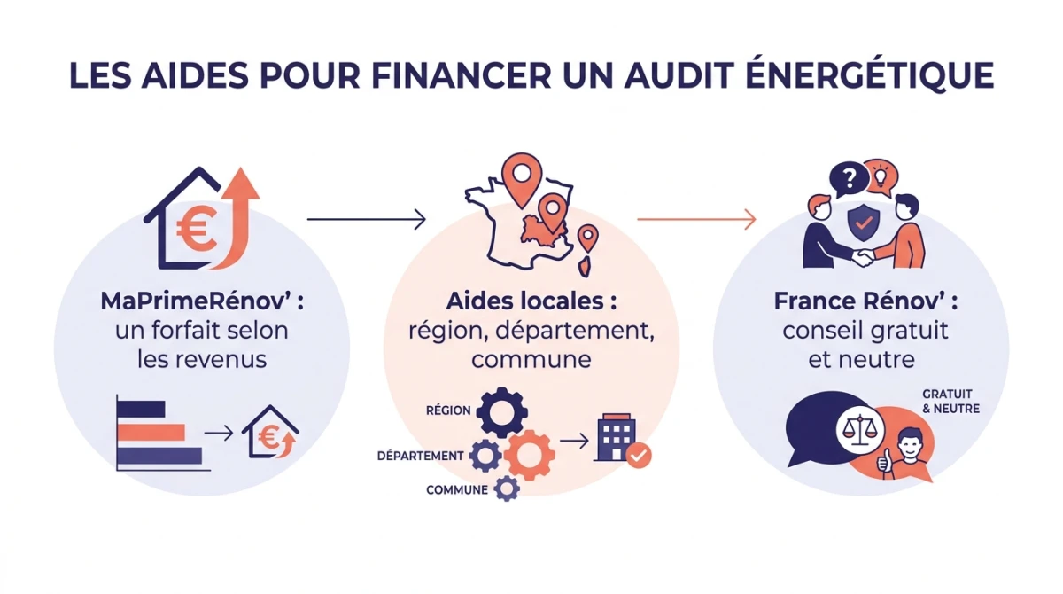 Infographie des aides pour financer un audit énergétique : MaPrimeRénov', aides locales, conseil France Rénov'