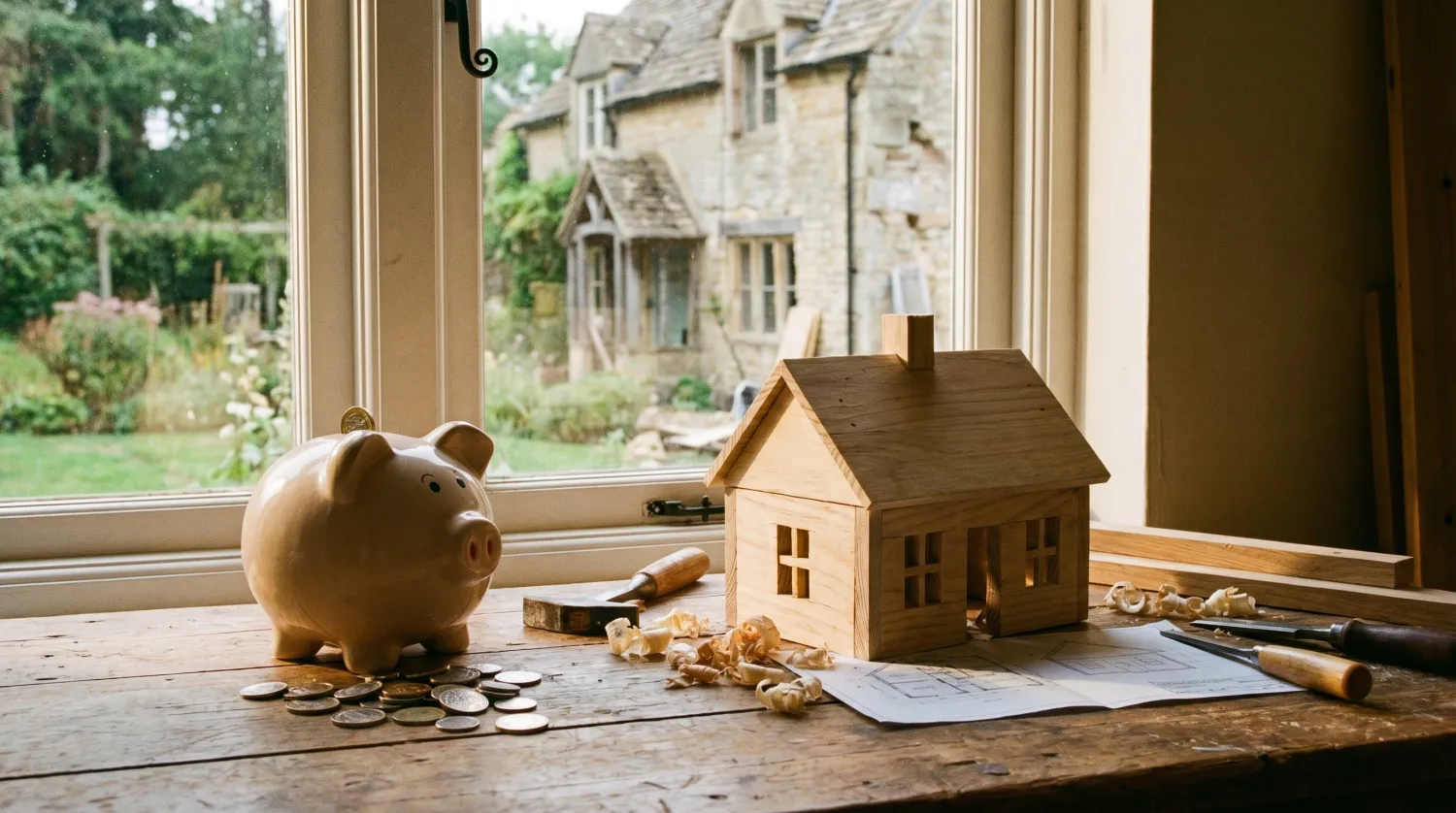 Tirelire, pièces et maison en bois miniature sur une table près d'une fenêtre