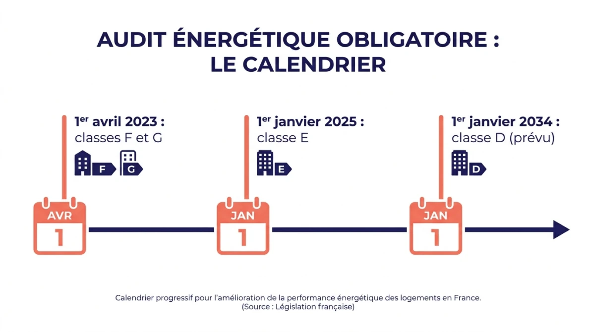 Infographie du calendrier de l'audit énergétique obligatoire : classes F et G en 2023, classe E en 2025, classe D en 2034