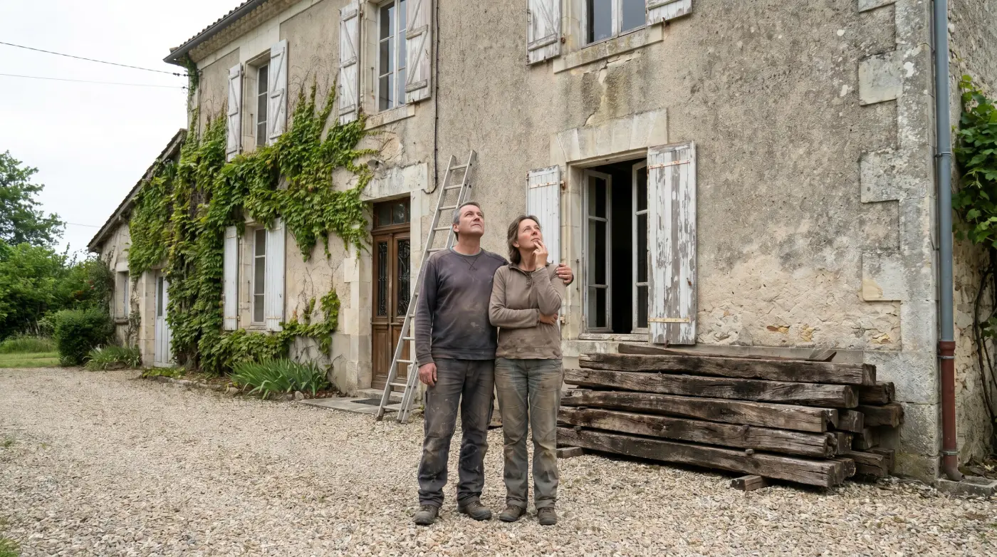 Couple devant sa maison ancienne en pierre observant la façade à rénover