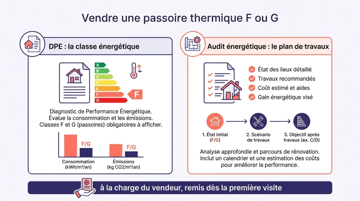 Infographie sur la vente d'une passoire thermique F ou G : DPE et audit énergétique obligatoires, à la charge du vendeur