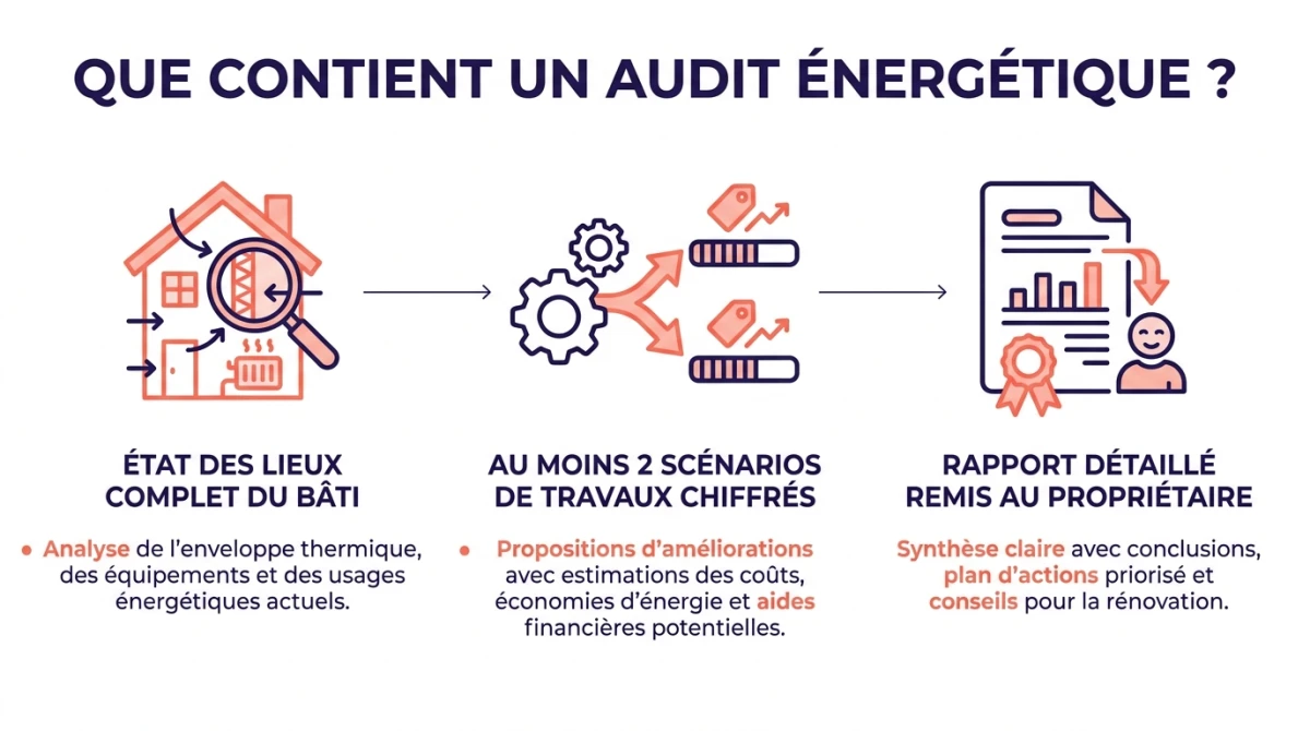 Infographie du contenu d'un audit énergétique : état des lieux du bâti, deux scénarios de travaux chiffrés, rapport détaillé