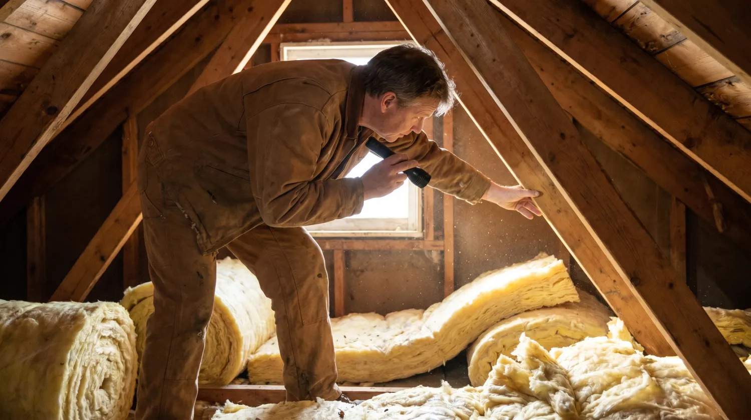 Auditeur en vêtements neutres inspectant l'isolation des combles à la lampe torche