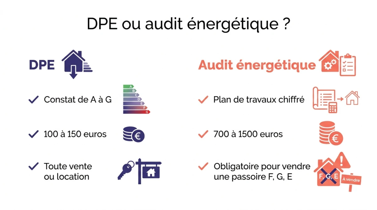 Infographie comparant le DPE et l'audit énergétique : rôle, prix et obligation