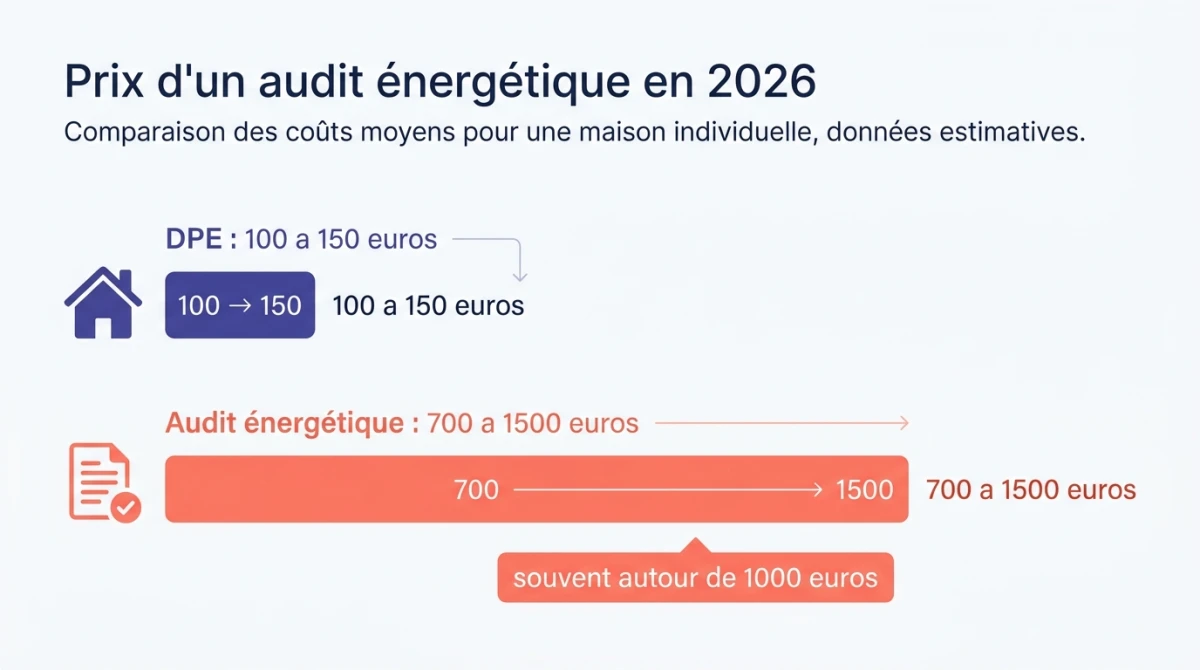 Infographie comparant le prix d'un DPE et d'un audit énergétique pour une maison en 2026
