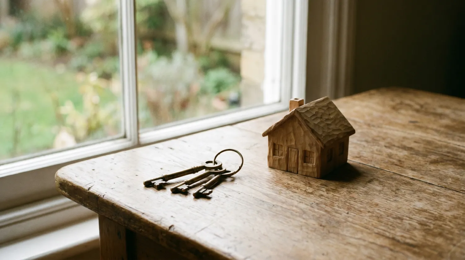 Maison en bois miniature et trousseau de clés sur une table en bois près d'une fenêtre