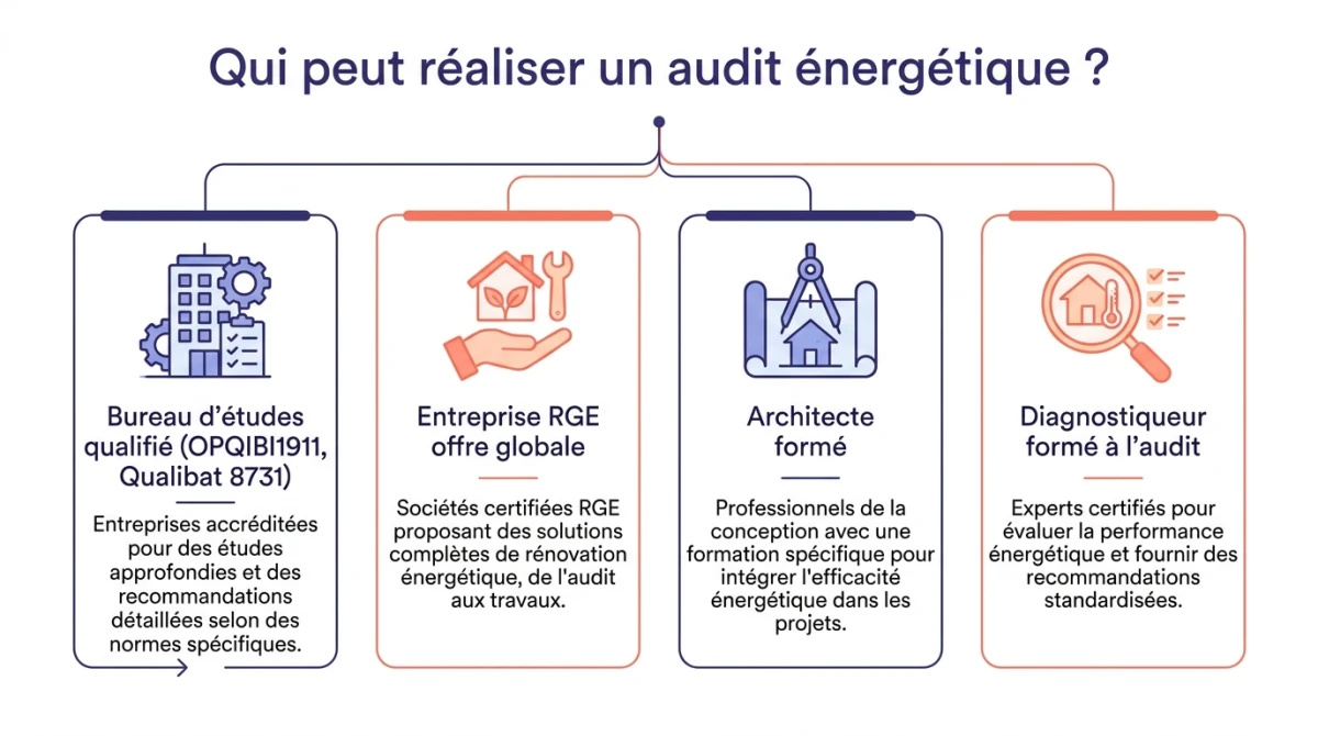 Infographie des professionnels habilités à réaliser un audit énergétique : bureau d'études, RGE, architecte, diagnostiqueur