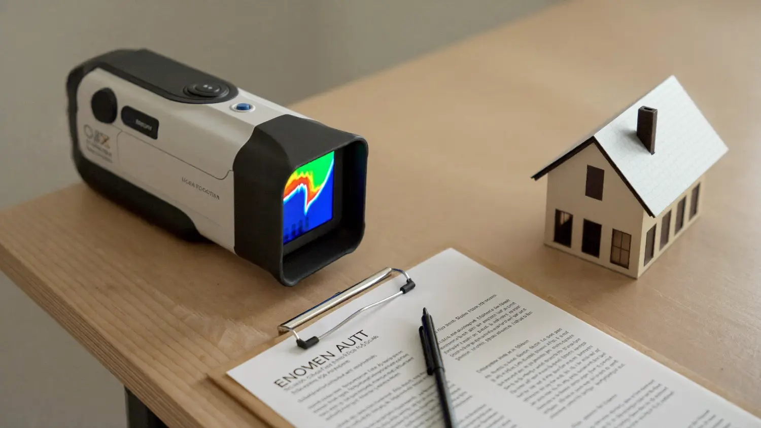 Caméra thermique et bloc-notes posés sur un bureau près d'une maquette de maison